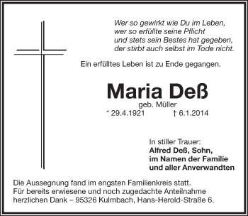 Traueranzeige von Maria Deß von Pegnitz-Zeitung
